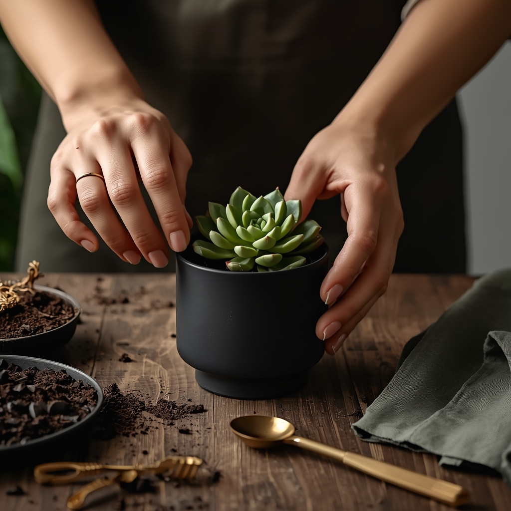 Generate an 8k, photorealistic close-up image of a professional gardener's hands gently repotting a small, vibrant green succulent into a minimalist, premium matte black ceramic pot. High-quality potting soil and stylish brass gardening tools are visible on a rustic wooden table. Warm, inviting lighting, no faces, no woman.