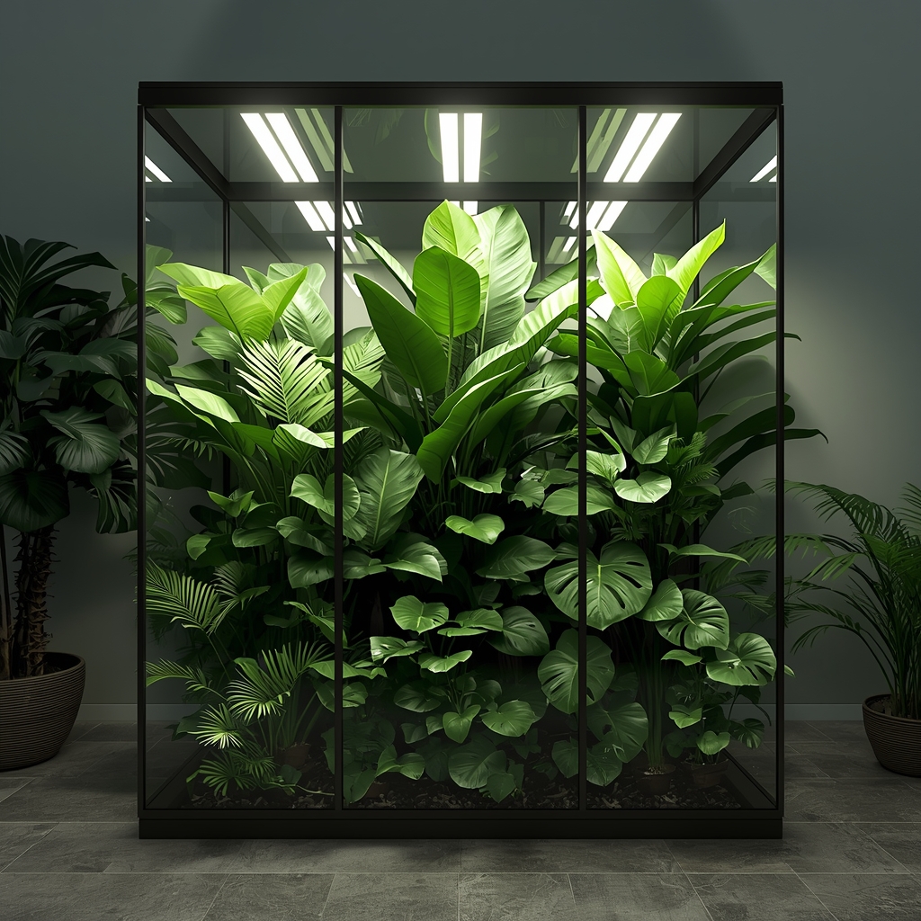 Generate a stunning, photorealistic 8k image of an elegant indoor glass greenhouse cabinet filled with rare and exotic tropical plants. The cabinet is illuminated by sleek, modern LED grow lights casting a soft, nurturing glow. High-end aesthetic, interior design focus, no people, no woman.
